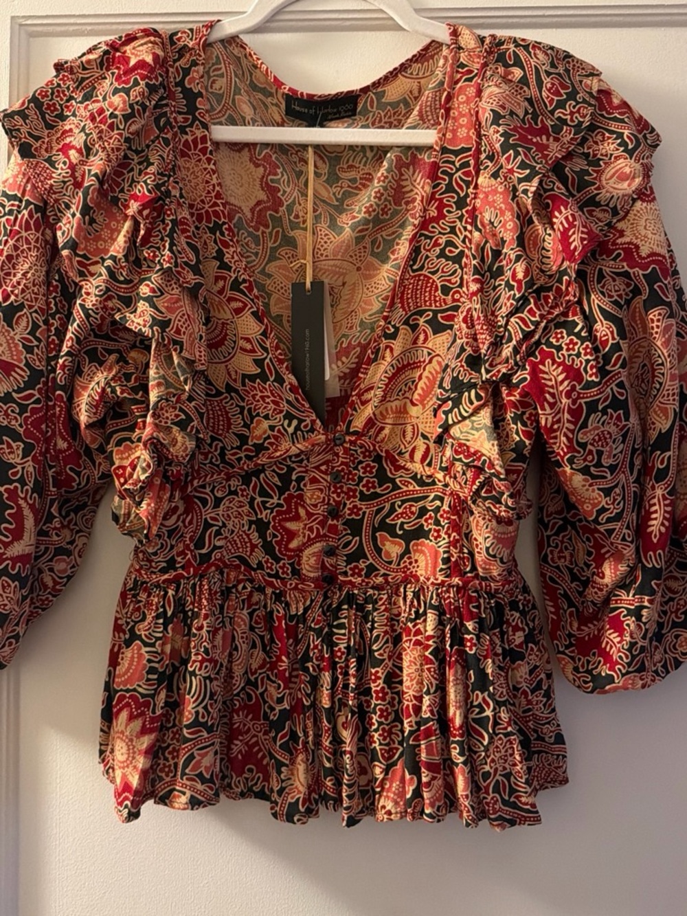 House of Holland Red Paisley Ruffle Peplum Blouse